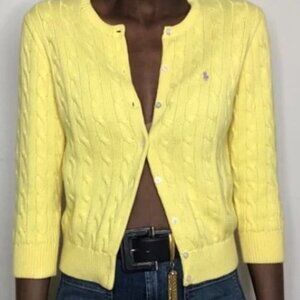 Ralph Lauren Yellow w/purple/lav pony&rider 3/4 sleeve slim-fit cardigan, Size S